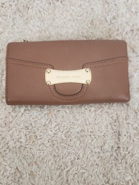 Michael Kors Taupe Brown Leather Zip-Around Wallet with Gold Plate